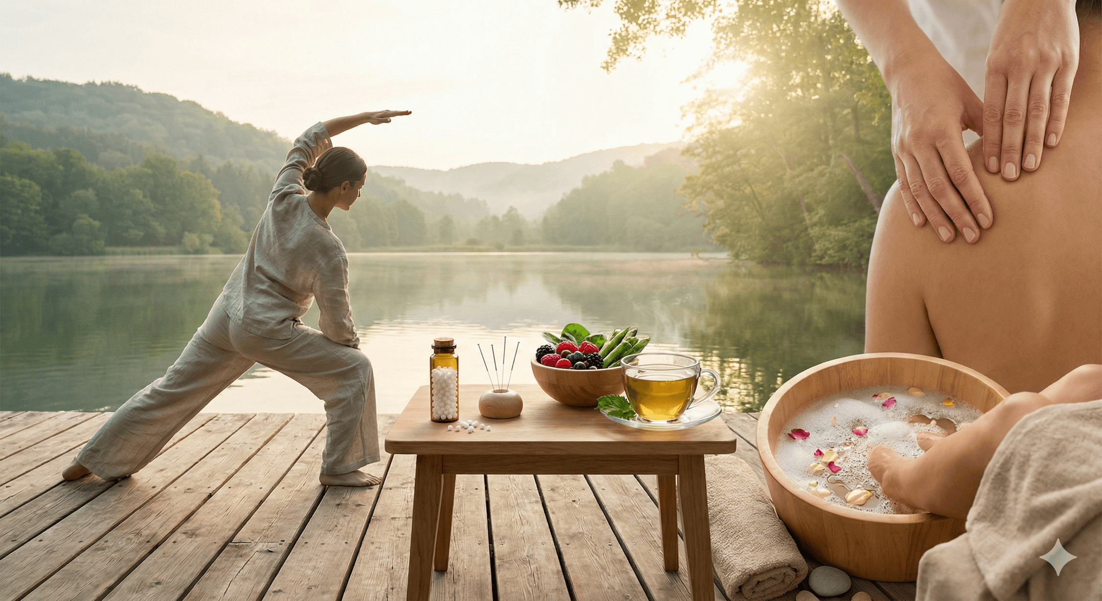 Holistic wellness - peaceful meditation by serene lake surrounded by nature